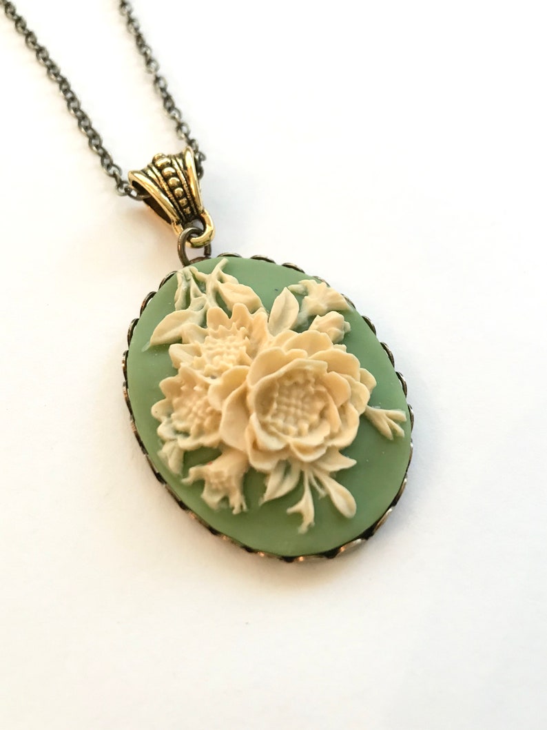 Sage green cameo necklace, with long brass chain, ivory rose cameo, vintage inspired jewelry, oxidized brass setting, gift for her image 2