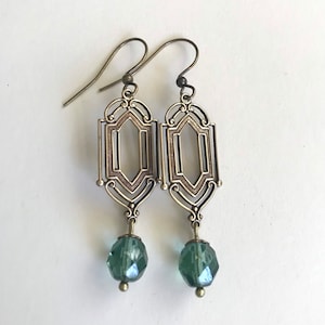 Art Deco green earrings, brass filigree, green dangles, faceted glass beads, vintage jewelry, Art Nouveau jewelry, gift for her