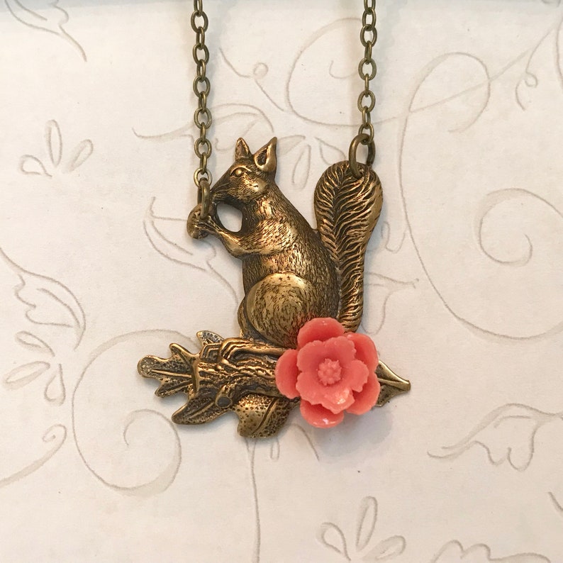 Gold squirrel necklace fall necklace squirrel jewelry brass Etsy