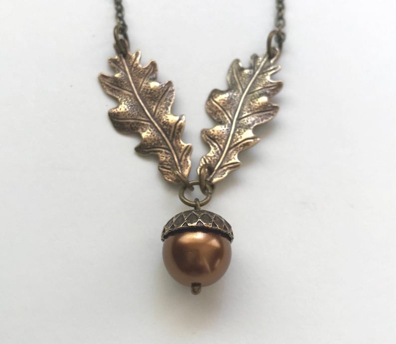 Brass Oak Leaf and acorn necklace, copper glass pearl pendant, nature inspired fall necklace, gift for her, vintage jewerly image 4