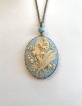 Lily of the Valley Necklace: Blue Cameo Vintage Style Floral Pendant, Oxidized brass setting