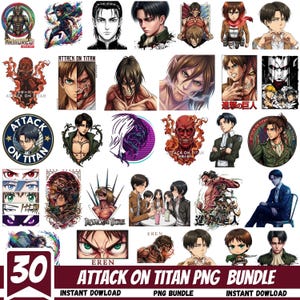 Può includere: Una collezione di 30 immagini PNG con personaggi e loghi della serie anime "Attack on Titan". Le immagini includono ritratti di personaggi, pose d'azione e il logo della serie. È presente anche il testo "Attack on Titan PNG Bundle".