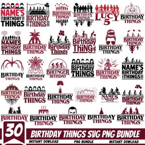 Puede incluir: Un conjunto de 30 diseños SVG y PNG con el texto "Birthday Things". Los diseños presentan varias ilustraciones, incluyendo siluetas de personas, bicicletas y globos, en color rojo oscuro. El paquete está disponible para descarga instantánea.