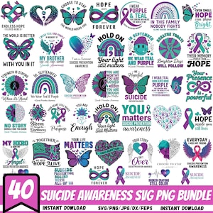 Op de afbeelding: Een digitale collectie van 40 grafische ontwerpen voor zelfmoordpreventie met turquoise en paarse linten, vlinders, harten, oneindigheidssymbolen en regenbogen. Elk ontwerp bevat inspirerende teksten zoals Hope en You Matter.