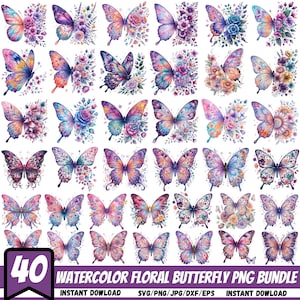 Puede incluir: Colecci&oacute;n de 40 dise&ntilde;os de mariposas en acuarela en varios colores, incluyendo rosa, morado, azul y naranja. Cada mariposa est&aacute; acompa&ntilde;ada de elementos florales. El texto "WATERCOLOR FLORAL BUTTERFLY PNG BUNDLE" es visible.