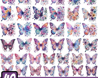Watercolor Floral Butterfly Png Bundle, Butterfly Flowers Png, Flying Butterflies Png, Watercolor Butterfly Illustrations, Cut For Cricut
