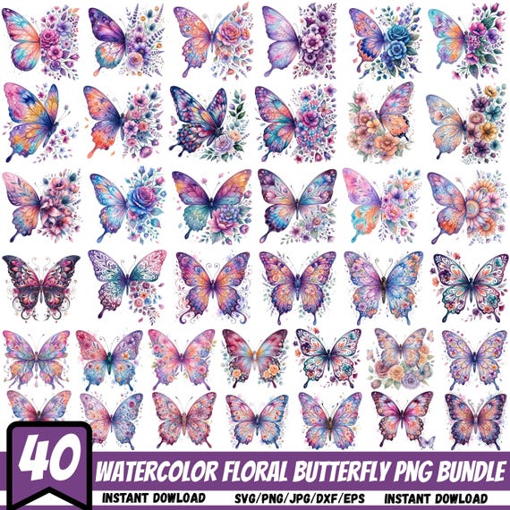 Watercolor Floral Butterfly Png Bundle, Butterfly Flowers Png, Flying Butterflies Png, Watercolor Butterfly Illustrations, Cut For Cricut