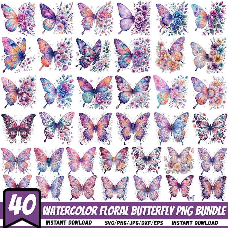 Puede incluir: Colecci&oacute;n de 40 dise&ntilde;os de mariposas en acuarela en varios colores, incluyendo rosa, morado, azul y naranja. Cada mariposa est&aacute; acompa&ntilde;ada de elementos florales. El texto "WATERCOLOR FLORAL BUTTERFLY PNG BUNDLE" es visible.