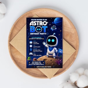 May include: A rectangular birthday party invitation card featuring a blue and black space theme with a white robot character. The text reads: YOU'RE INVITED TO AN ASTRO BOT BIRTHDAY PARTY! LET'S CELEBRATE ALBIE'S 5TH BIRTHDAY! DATE: JUNE 21, 2025, TIME: 2:00 PM-4:00 PM, LOCATION: 123 GALAXY WAY, SPACE CITY, ST 12345, RSVP: CHLOE (123) 456-7890. GET READY FOR FUN, GAMES & AN OUT OF THIS WORLD PARTY! HOPE TO SEE YOU THERE!