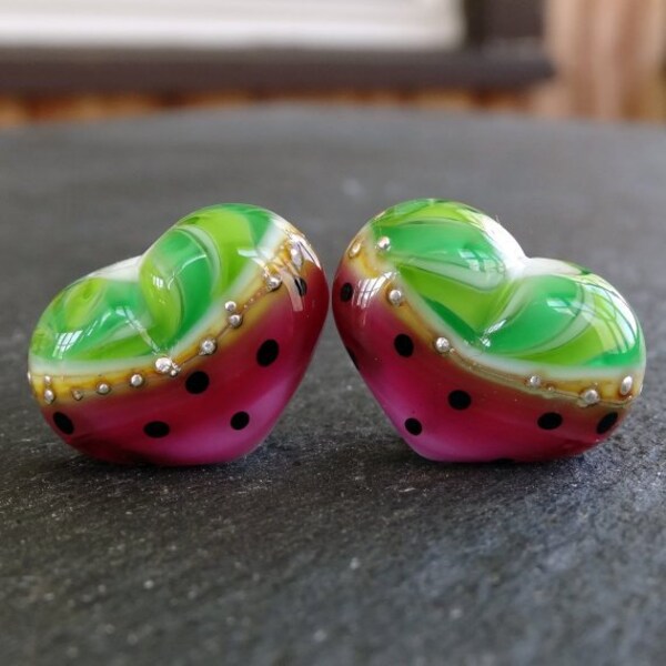 Lampwork Glass Beads 055 Hearts Pair (2) Watermelon