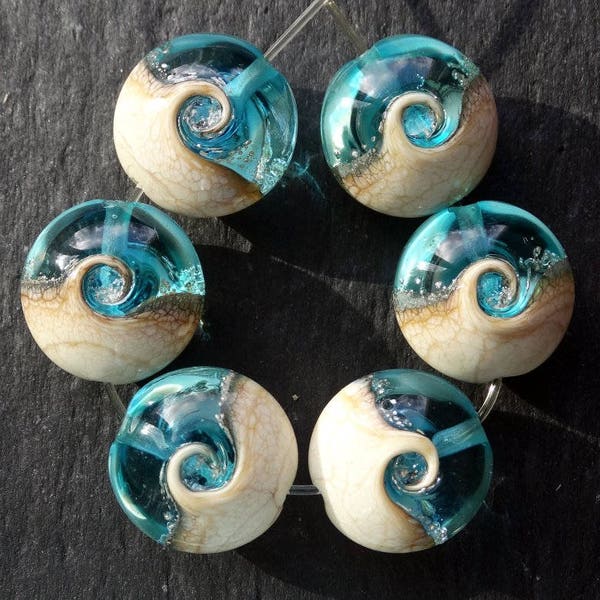 Artisan Lampwork Beads, SRA, Glass, Lentils (6) Ocean Wave Aquamarine