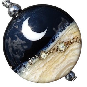 Crescent Moon Necklace, Lampwork Bead Pendant Necklace, Lunar Necklace, Beach Jewelry, Ocean Jewelry