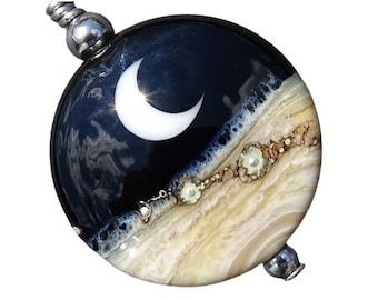 Crescent Moon Necklace, Lampwork Bead Pendant Necklace, Lunar Necklace, Beach Jewelry, Ocean Jewelry