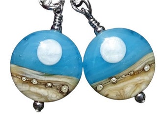 Full Moon Earrings, Lampwork Bead Earrings, Lunar Earrings, Beach Jewelry, Ocean Jewelry, wedding, blue