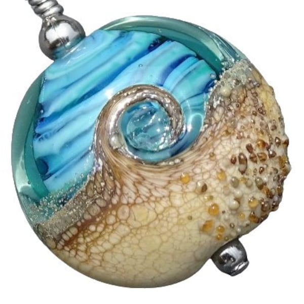 Beach Wave Necklace Shades of Aqua, Lampwork Bead Pendant Necklace, Sea Glass Necklace, Beach Wave Pendant, Beach Jewelry, wedding, blue