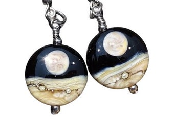 Full Yellow Moon Earrings, Lampwork Bead Earrings, Lunar Earrings, Glass Moon Earrings