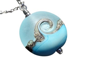Beach Wave Necklace in Pale Aqua, Lampwork Bead Pendant Necklace, Sea Glass Necklace, Beach Wave Pendant, Beach Jewelry, wedding, blue