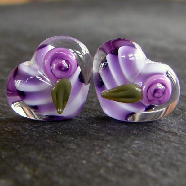 Lampwork Glass Beads 063 Hearts Pair (2) Purple with Roses