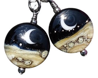 Crescent Moon Earrings, Lampwork Bead Earrings, Lunar Earrings, Glass Moon Earrings