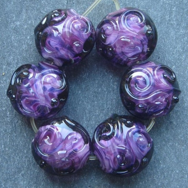 Lampwork beads 957 Lentils (6) PURPLE with CLEAR SCROLLS