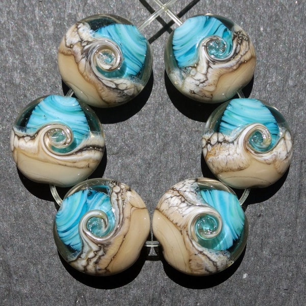 Artisan Lampwork Beads, SRA, Glass, Lentils (6) Turquoise and Tan