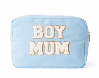 Boy Mum Blue Large Personalised Pouch, Glitter patch letter custom toiletry bag, baby boy hamper,Pregnant Mum cosmetic bag mothers day gift
