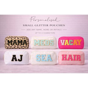 Personalised small cosmetic make up pouch with glitter patch letters, customisable initial Boxy pouch bag, make up organiser, travel, hen do