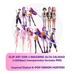 May include: Digital clip art featuring stylized K-Pop Demon Hunters. The image showcases multiple figures with dynamic poses, wearing outfits in various colors, including yellow, black, and white. The text at the bottom reads "CLIP ART CON 4 IMAGENES ALTA CALIDAD (+2500px) transparentes formato PNG" and "Inspired Digital K-POP DEMON HUNTERS."