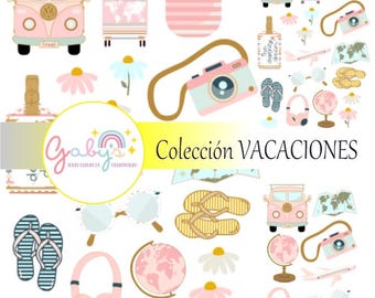 May include: A collection of travel-themed illustrations in pastel pink, white, and blue. Includes a pink VW van, a suitcase with a world map, a camera, sunglasses, flip-flops, a globe, and flowers. The text "Colección VACACIONES" is visible.