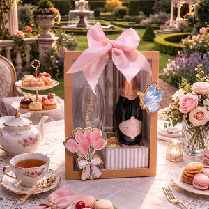 May include: A gift set with a bottle of champagne, a glass, and decorative accents, including a pink bow, butterfly, and flower-shaped cookies. The set is displayed on a table with tea, pastries, and flowers, creating an elegant, romantic scene.