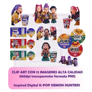 Puede incluir: Clip art digital con K-Pop Demon Hunters. La imagen incluye ilustraciones de personajes con cabello y atuendos coloridos, sosteniendo tazas y alimentos. Los textos "RUMI", "MIRA" y "ZOEY" son visibles.