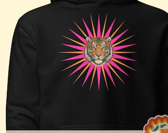 Tiger Graphic Hoodie: Bold Sunburst Design, Unisex Streetwear