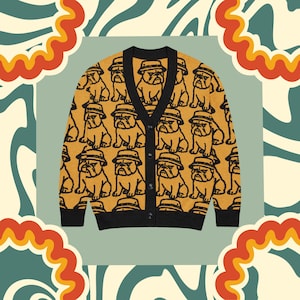 Knitted Dog Design Cardigan | Soft Jacquard Knit Mustard Yellow and Black Original Bulldog Design | Size 2XS to 3X | Perfect for Dog Lovers