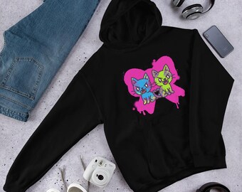 Fierce Neon Cat Hoodie: Kawaii Goth Pullover with Coquette Bow