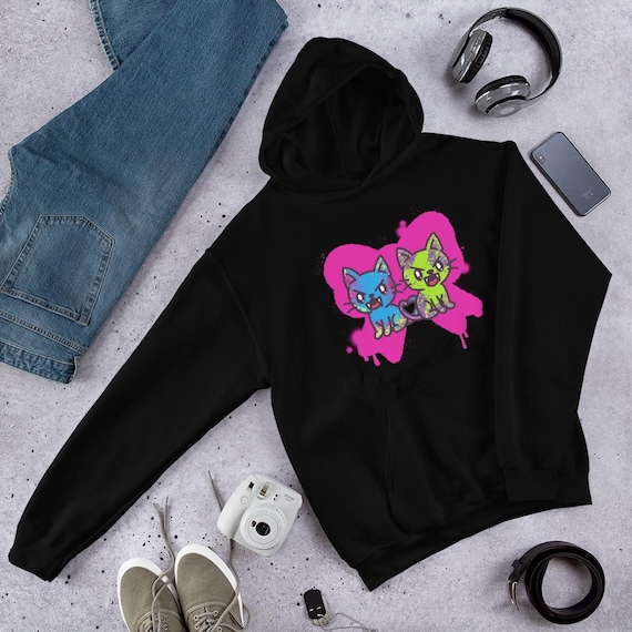 Fierce Neon Katzen Hoodie: Kawaii Goth Pullover mit kokette