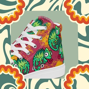 Hand Drawn Colourful Chameleon High Top Sneakers – Women’s Fun Graffiti Lizard Shoes – Canvas Trainers with Black or White Soles
