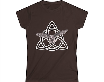 Owl Triquetra Women's Softstyle Tee | Pagan Wicca Nature Shirt | Witchy Bird | Mystical Owl Gift | Spiritual Apparel | Gothic Nature