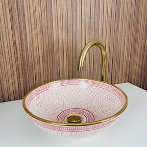 Custom Ceramic Sink For Bathroom 14K Gold Rim, Pink Vessel Sink - Moroccan Sink Bowl, Handwash Basin, Countertop Basin With Free Brass Drain