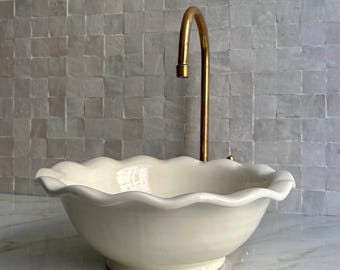 Wastafel met witte bloemen voor badkamer l Moderne wasbak l Keramische wasbak met bloemen voor wastafel l Bovenste handwastafel: