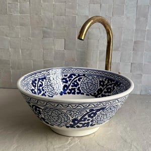 Artisan Blue Flower Sink Bowl, Ceramic Vessel Basin, Handmade Bathroom Wash Bowl, Moroccan Vanity Sink, Boho Farmhouse Hand-Painted Basin