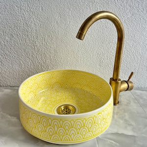 Gele wastafel voor badkamer, wastafel op maat - Marokkaanse wastafel, keramische spoelbak, ronde wasbak, handwasbak, gratis messing afvoer en geschenken