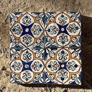 Rustic Zellige Tiles, 10x10cm Flower Tiles, Handpainted Ceramic Tiles for Bathroom, Kitchen Backsplash, Wall Decorative Clay Tiles 4x4 inche