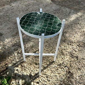 Green Mosaic Table, Small Round Tabletop Foldable Legs, Custommade Moroccan Zellige Table For Indoor/Outdoor Garden Table, Terrace Table