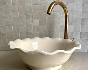 Handcrafted Moroccan Pottery Vessel Sink, Creamy White Ceramic, Scalloped Edge