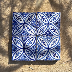 Aesthetic Blue Tiles, Moroccan Zellige Tiles, Handmade and Handpainted Clay Tiles, 4x4 Tiles Bathroom, Custom made Tiles for Backsplash