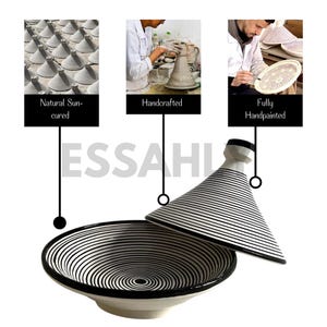 K&ouml;nnte beinhalten: Wei&szlig;e Keramik-Tagine mit einem schwarz-wei&szlig; gestreiften Deckel. Die Tagine ist handgefertigt und sonnengeh&auml;rtet. Der Deckel ist vollst&auml;ndig von Hand mit schwarzen Streifen bemalt.