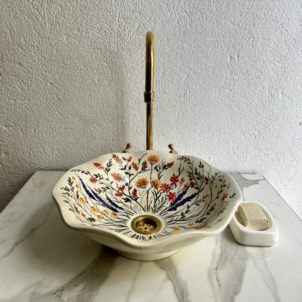 Lavabo de cerámica floral pintado a mano, lavabo de estilo moderno de mediados de siglo