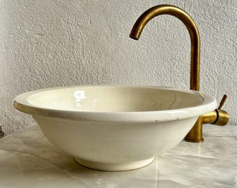 Handmade Moroccan Ceramic Bathroom Sink, Off-White Vessel Basin with Brass Drain