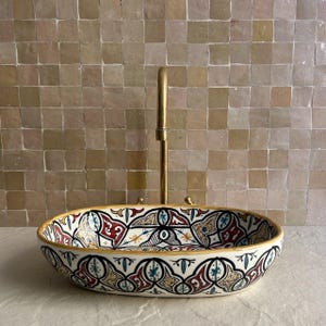 Lavabo ovalado de cerámica estilo bohemio - Lavabo ovalado moderno de estilo rústico, pintado a mano, para tocador de baño, lavabo marroquí