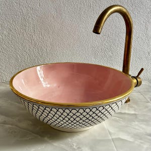 White & Pink Ceramic Sink With 14K Gold Rim, Vessel Sink, Round Sink Bowl, Luxury Hand wash Basin, Above Counter Basin With Free Drain